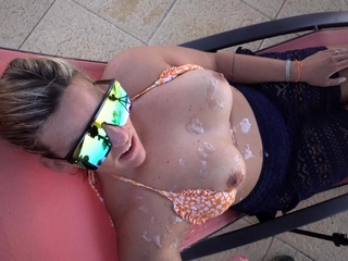 Massive cumshot on her big boobs